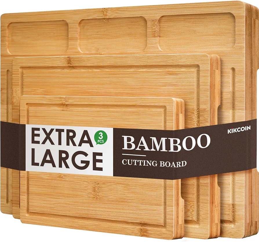 Bamboo Cutting Boards for Kitchen, (Set of 3) Kitchen Chopping Board with 3 Built-In Compartments and Juice Groove Heavy Duty Serving Tray Wood Butcher Block and Wooden Carving Board, Kikcoin