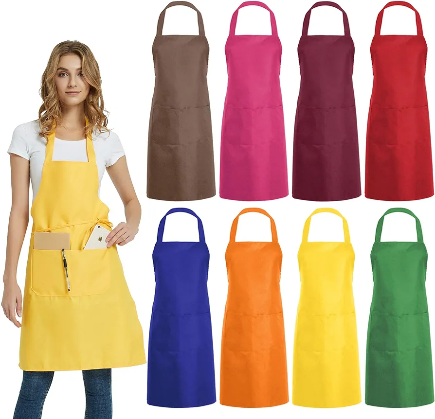 DUSKCOVE 8 PCS Plain Bib Aprons Bulk - Mixed Color Commercial Apron with 2 Pockets for Kitchen Cooking Restaurant BBQ Painting Crafting