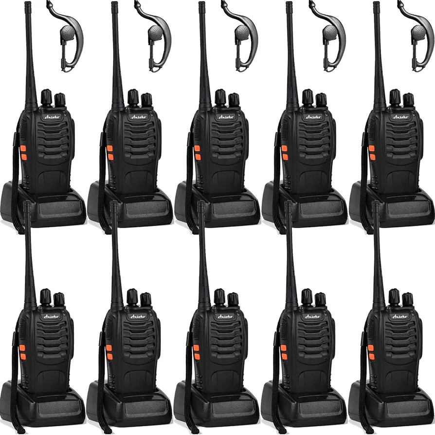 Walkie talkies 10 Pack Long Range Rechargeable 2 Way Radio UHF 16-Channel with Earpiece Li-ion Battery and Charger (Pack of 10)