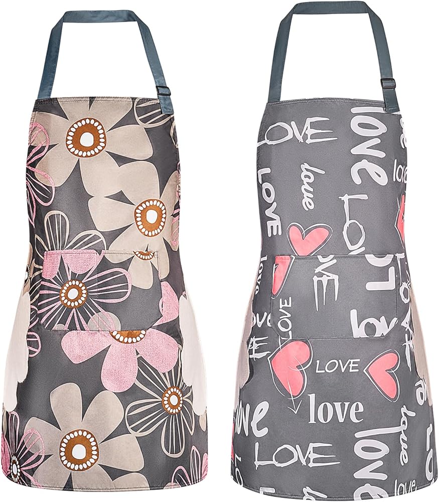 DILLMAN 2 Pack Floral Aprons with Pocket Blooming Womens Waterproof Adjustable Cooking Aprons Kitchen Gardening Salon