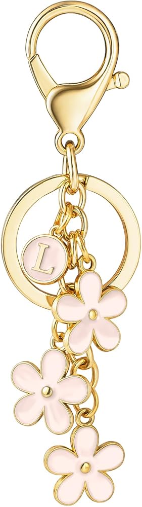 SELOVO Initial Keychain White/Pink Flower Charms for Key Cute Letter Keyring for Handbag Backpack