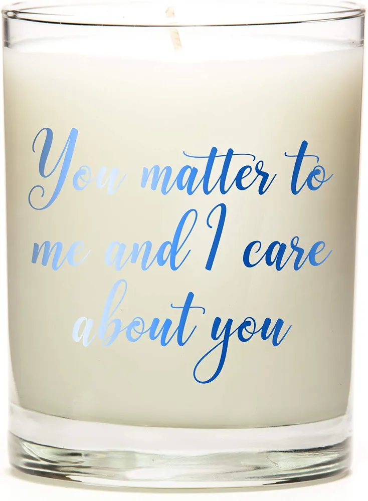 You Matter to Me | 11 Ounce Clear Jar Candle | 8 Scent Options | Metallic Blue Font | Vanilla Fragrance | Personalized Candle Label