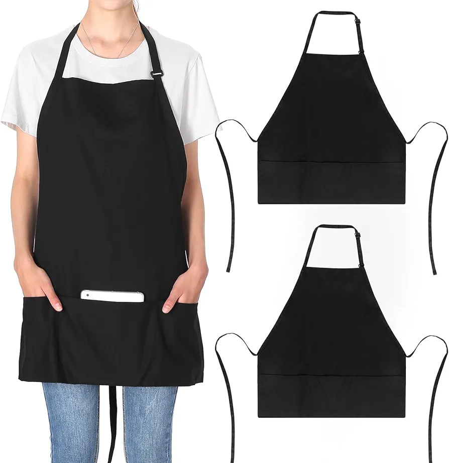 Jubatus 2 Pack 3 Pockets Adjustable Bib Apron 65% Polyester 35% Cotton Fabric Chef Kitchen Cooking Aprons for Women Men, Black