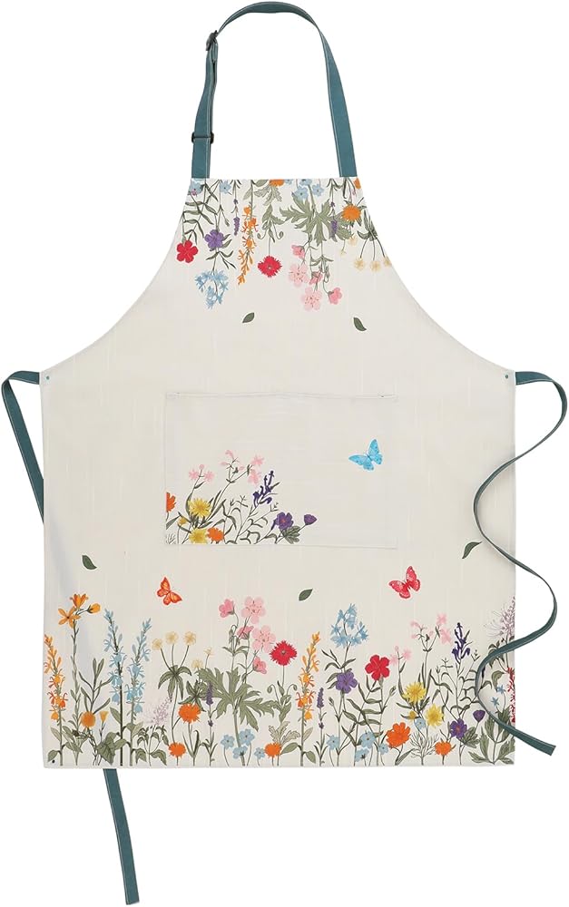 Floral Aprons for Women with Pockets, Elegant and charming wildflowers and butterflies Design, 100% Slub Cotton Material Kitchen Cooking Apron Chef Apron Adjustable for Women Men