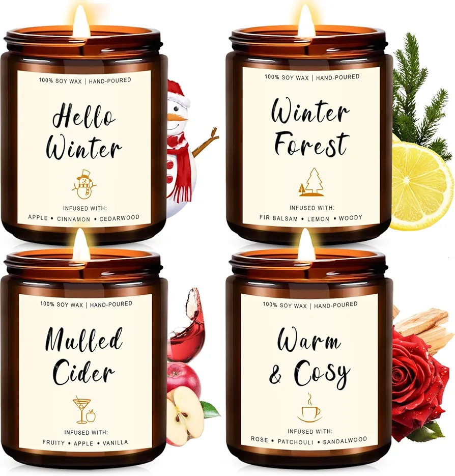 Aromatherapy for Home Scented, 4 Pack Scented Candle Gifts for Women, Premium Candle with Essential Oils, Natural Soy Wax Amber Jar Candle Set for Women Stress Relief, Relaxing, SPA, Holiday Gift