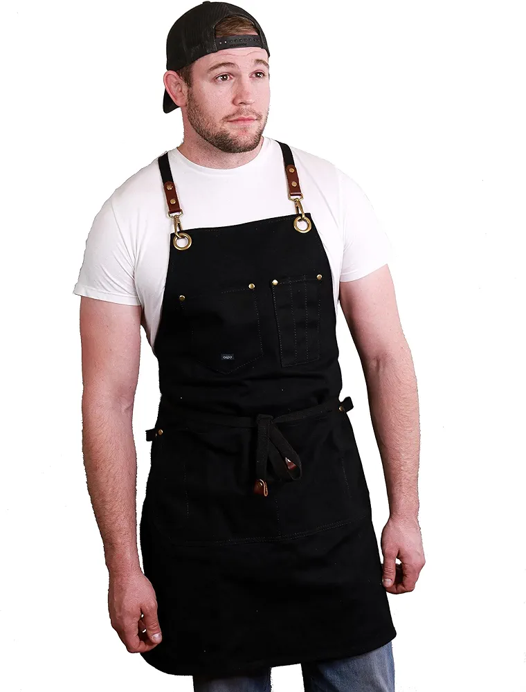 Caldo Canvas Kitchen Apron for Cooking - Mens and Womens Canvas Apron for Professional Chef, Server, or Barista- Adjustable with Pockets (Black)