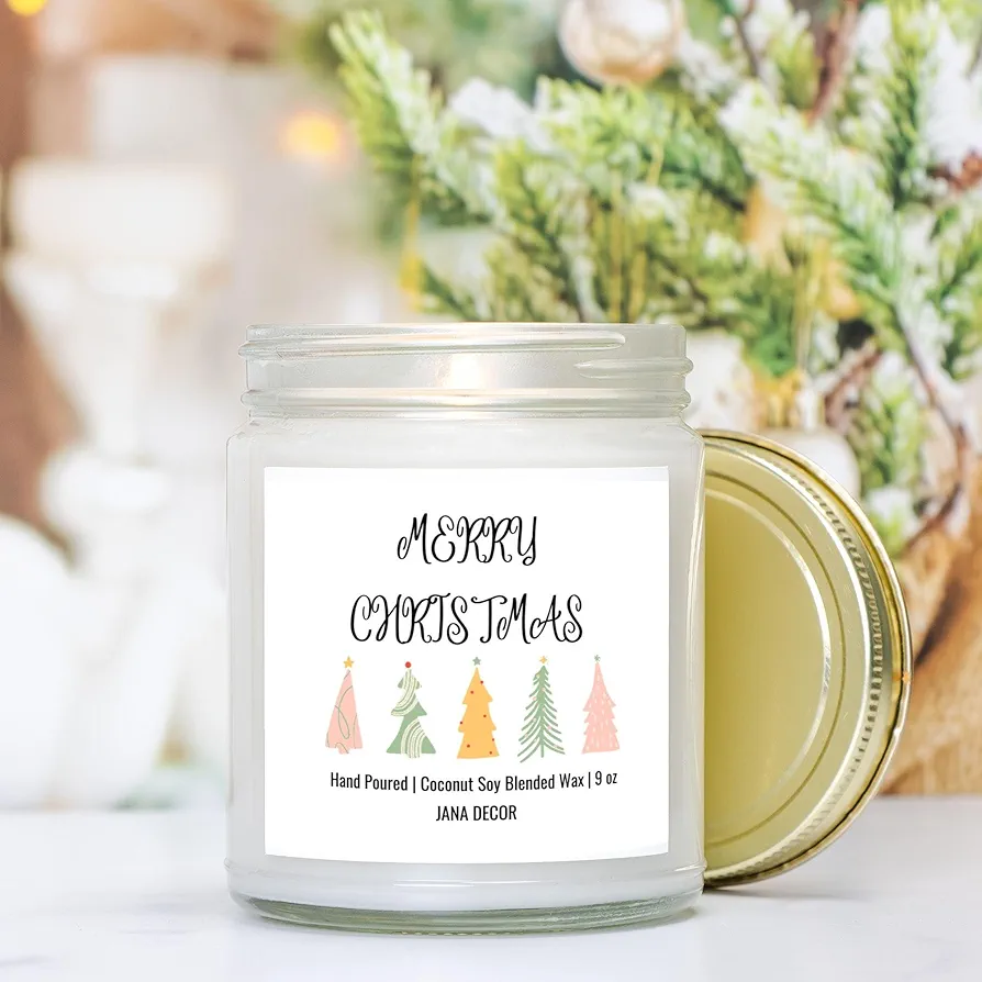 Merry Christmas Candle Holiday Candle Idea Winter Candle Christmas Card Candle Under 25 9oz Hand Poured Coconut Soy Wax in Clear Jar, 9oz Candle, Home Decor Candle