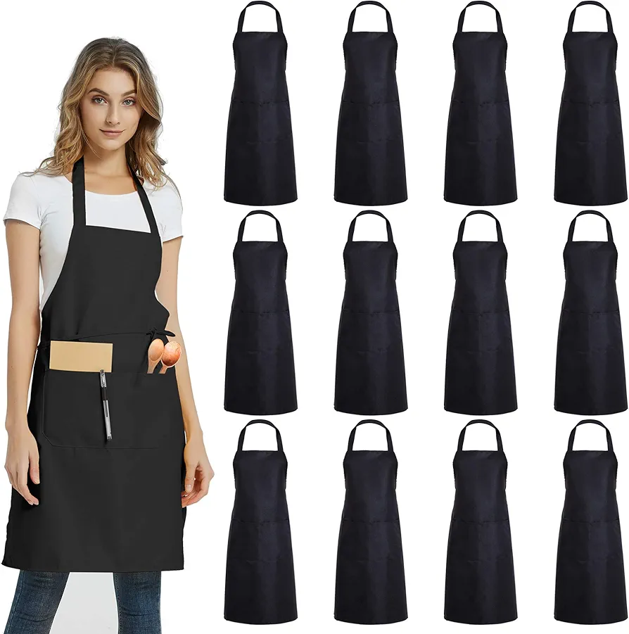 DUSKCOVE 12 Pack Plain Bib Aprons with 2 Pockets - Black Unisex Commercial Apron Bulk for Kitchen Cooking Restaurant BBQ Painting Crafting