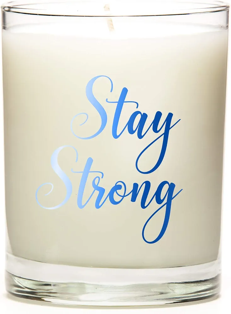 Stay Strong | 11 Ounce Clear Jar Candle | 8 Scent Options | Metallic Blue Font | Vanilla Fragrance | Personalized Candle Label