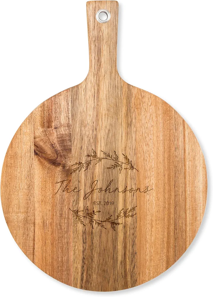 Weddingstar Personalized Wooden Round Cutting Board or Serving Board with Handle 12" x 16.5" - Signature Script Etching