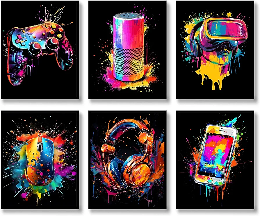 Graffiti Wall Art Prints Set of 6 Cool Gaming Posters Fashion Colorful Neon Gamepad Headphone Canvas Paintings Modern llustration Aesthetic Watercolor Wall Decor Cool Street Pop Art Painting for Living Room Bedroom (A, 8"x10" UNFRAMED)