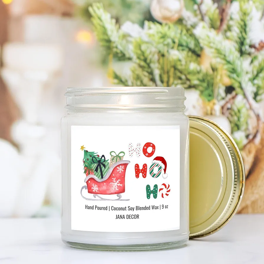 Ho Ho Ho Christmas Candle Holiday Candle Idea for Candle Lover Winter Candle Christmas Card 9oz Hand Poured Coconut Soy Wax Clear Jar, 9oz Candle, Home Decor Candle