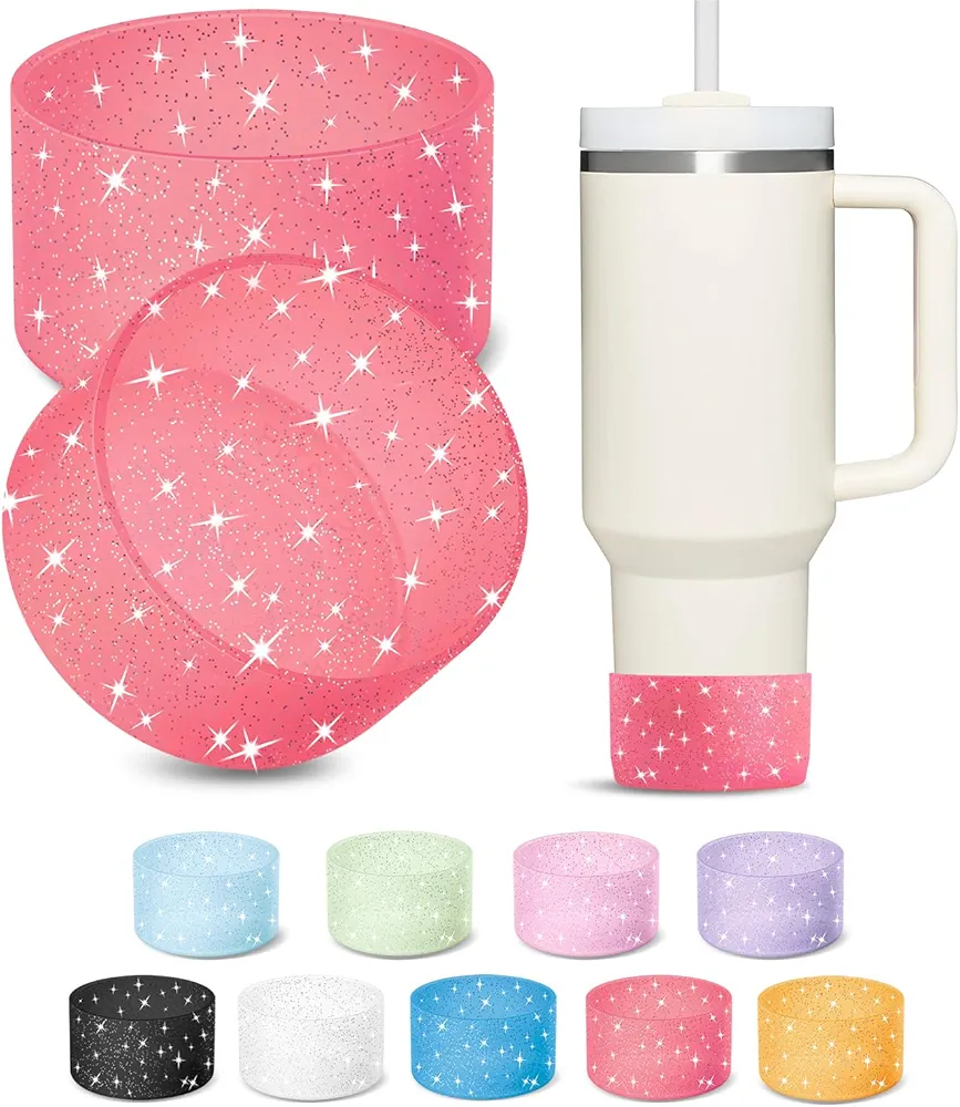 KTKUDY 2 PCS Glitter Silicone Boot Compatible with Stanley Tumbler 20 30 40 oz & Fits Hydro Flask Water Bottle 12-24oz & Fits Yeti, Simple Modern, Owala Cup - Bling Cup Bottom Protector Accessories