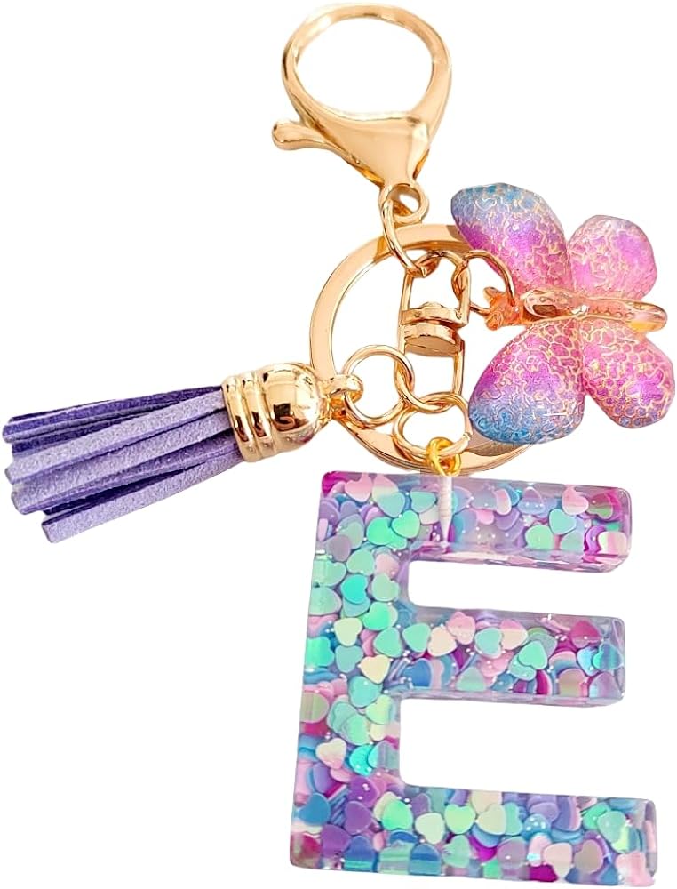 Cute Initial Letter Keychains for Women Girls Tassel Butterfly Pink Purple Green Keychain for Backpack School Bag