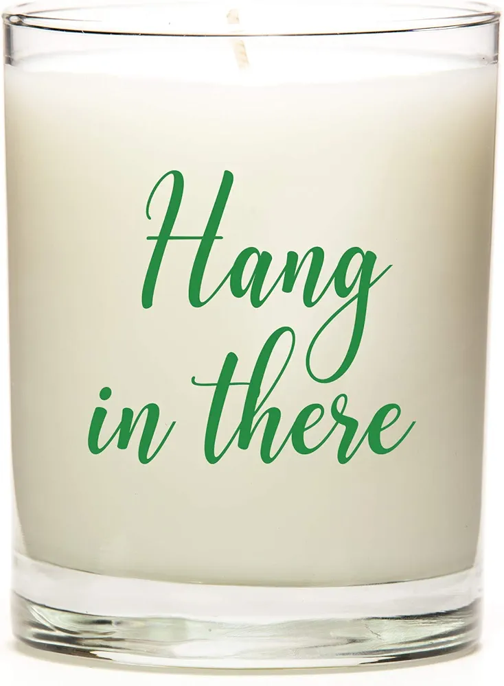 Hang in There | 11 Ounce Clear Jar Candle | 8 Scent Options | Green Font | Vanilla Fragrance | Personalized Candle Label