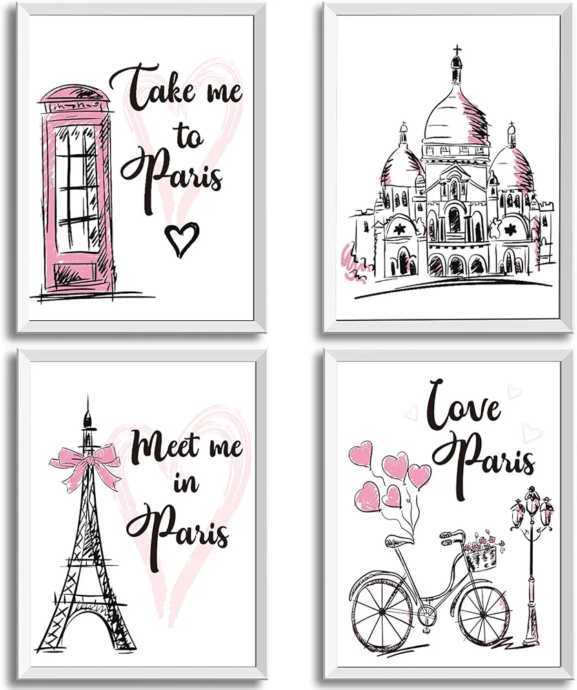 Outus 4 Pieces Paris Wall Decor Pink Paris Themed Bedroom Decor Eiffel Tower Paris Wall Art Prints Romantic Unframed Paris Picture Poster for Living Room Bedroom Bathroom Office Decor, 8 x 10 Inch