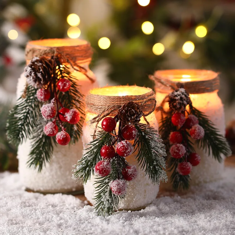 3 Pcs Christmas Candles 13 17 24 oz Xmas Mason Jar Candle Christmas Tree Candles DIY Craft Kit Winter Snow Candles Farmhouse Rustic Decor for Tables Home Indoor, Candle Gift for Women Mom Daughter