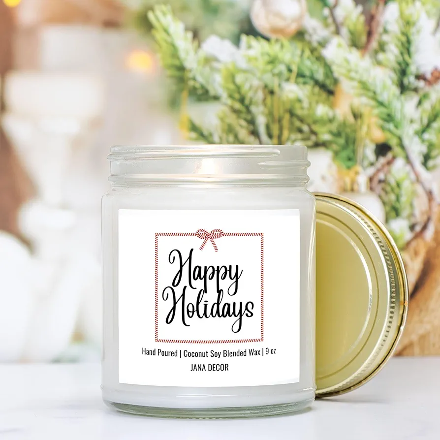 Happy Holidays Candle Christmas Candle Under 25 Winter Candle Xmas Candle Christmas Card 9oz Hand Poured Coconut Soy Wax Clear Jar, 9oz Candle, Home Decor Candle