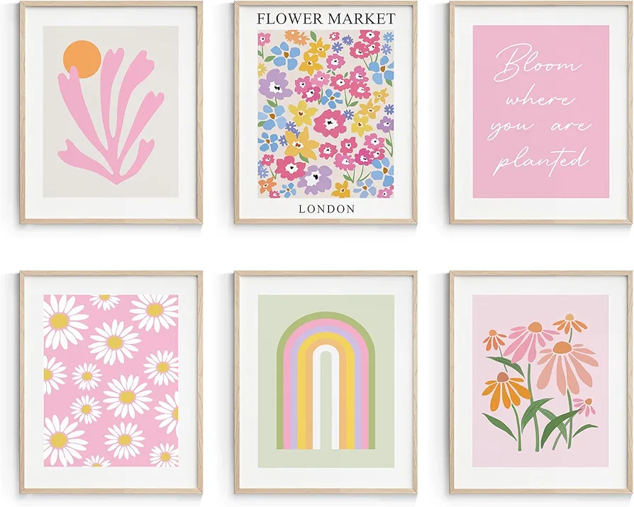 Habseligkeit Pink Danish Pastel Wall Decor for Girls Dorm, Boho Matisse Wall Art Prints, Flower Market Posters for Room Decor Aesthetic Unframed, 8x10in, Set of 6