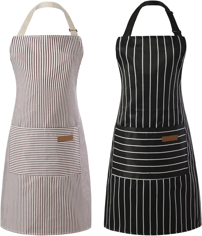 Tosewever 2 Pieces Kitchen Cooking Aprons, Cotton Polyester Blend Adjustable Bib Aprons with 2 Pockets for Women Men Chef Chef (Black/Brown Stripes, 2)