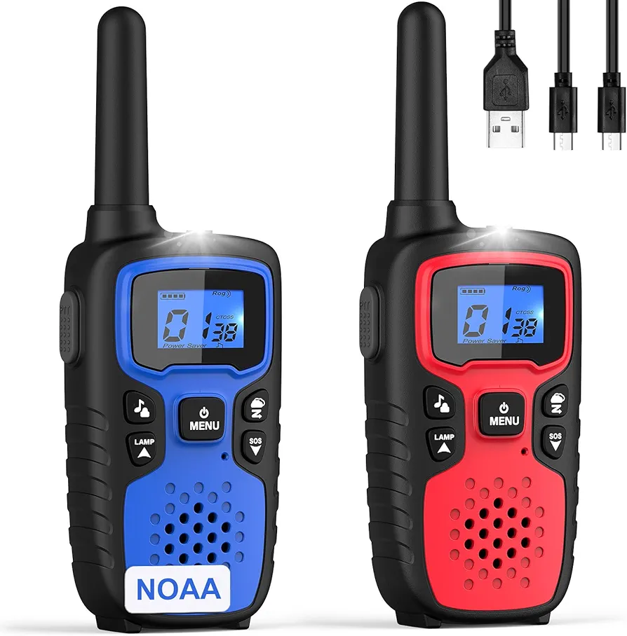 Wishouse Walkie Talkies for Kids Adults - Long Range Rechargeable 2 Way Radios,Gift,Hiking Accessories Camping Gear with Lamp,SOS Siren,NOAA Weather Alert,VOX,Easy to Use Red Blue 2 Pack