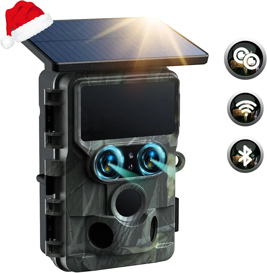 Trail Camera Solar Powered - Dual Lens 60MP 4K 30FPS WiFi Bluetooth Game Camera with Starlight Night Vision, IMX458 Sensors Trail Camera 0.1S Trigger IP66 Waterproof for Outdoor Wildlife Monitoring