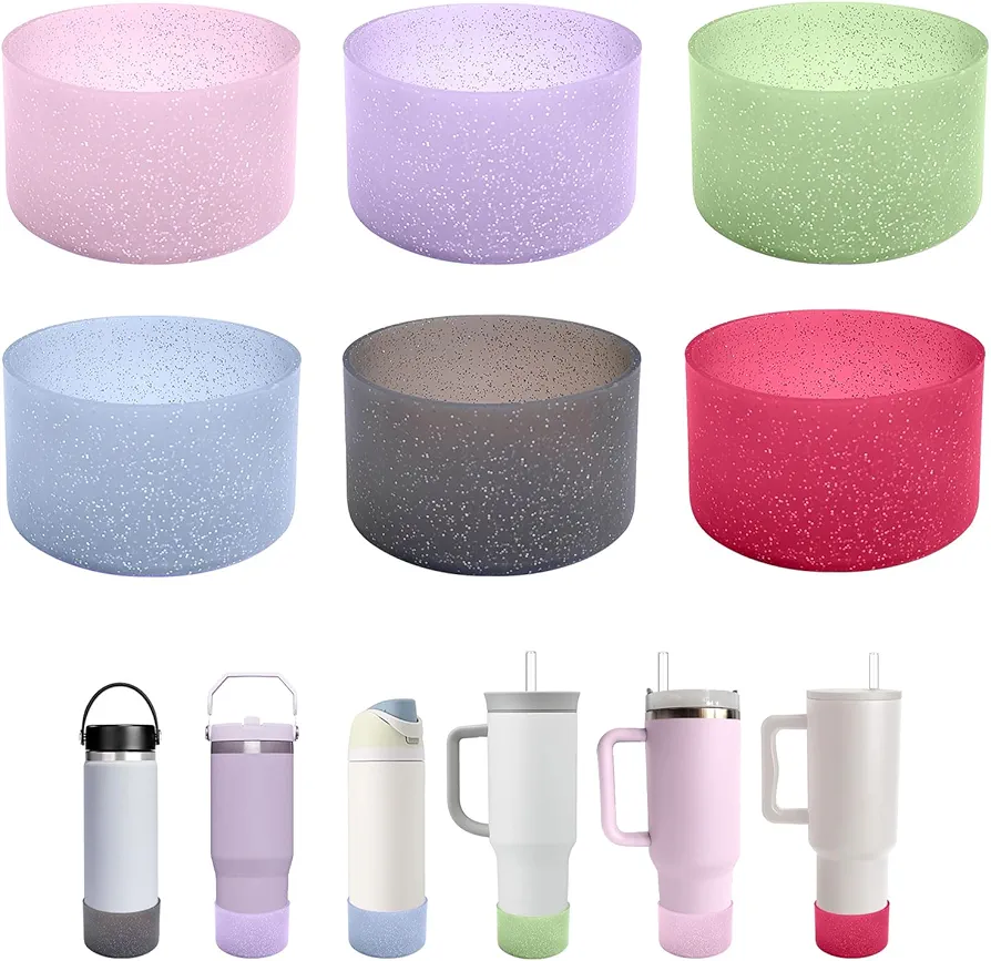 6Pcs Glitter Silicone Cup Boots for Water Bottle Fits Stanley/Owala/Hydro Flask/Simple Modern/Yeti, 2.8-3.1in Width Bottom Protector Cover Sleeve (6 Colors)