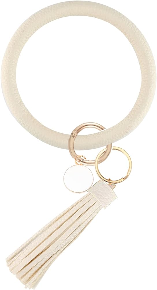 Weixiltc Large Keychain Bracelet with Tassel, Circle Leather Wristlet Key Ring for Women, Bangle Key Chains Holder for Girls