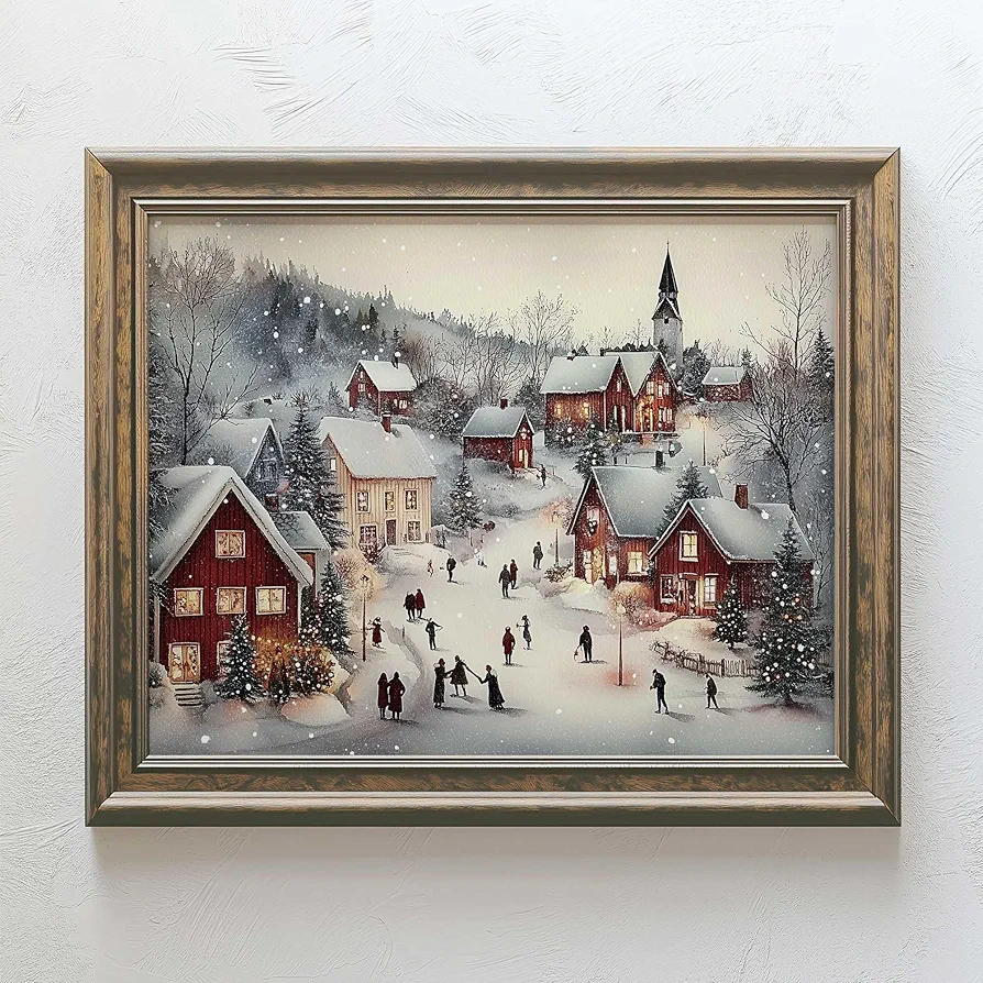 Vintage Christmas Print, Winter Village Art Print, Snowy Christmas Town, Christmas Village Art Print, Landscape Painting Christmas Decor Vintage Moody Wall Art Winter (8x10 inch Print Unframed)