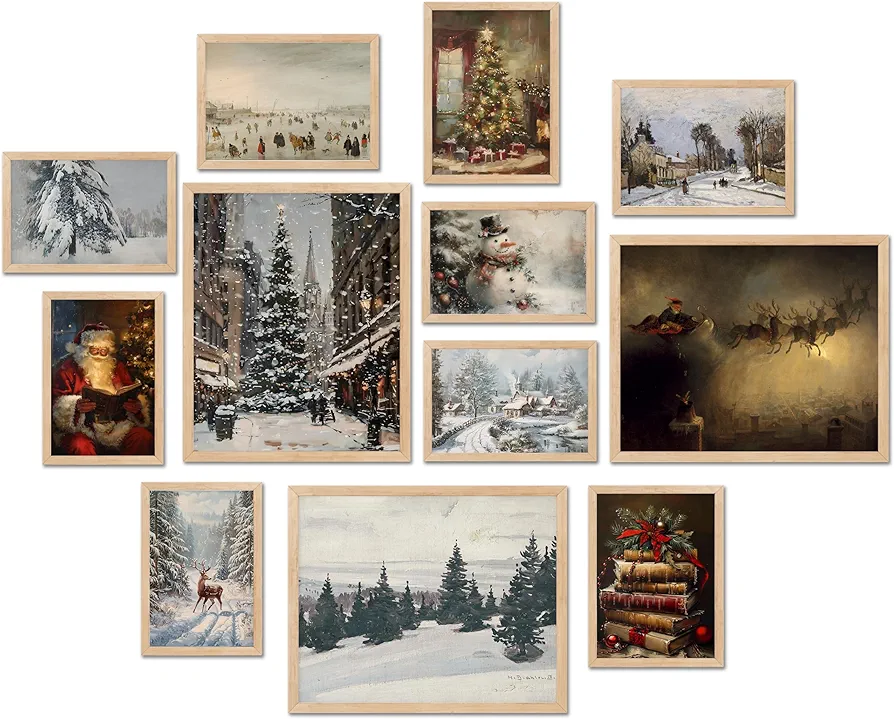 TwoDays Vintage Christmas Wall Art, Moody Winter Xmas Aesthetic Poster for Room Decor, Santa Reindeer Pine Tree Gallery Painting Artwork Prints. (Multi Sizes, 8" X 10" Largest, Set of 12, UNFRAMED)