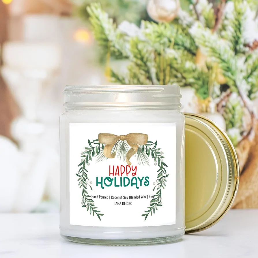 Happy Holidays Candle Holiday Candle Idea for Hostess Christmas Winter Candle Christmas Card 9oz Hand Poured Coconut Soy Wax Clear Jar, 9oz Candle, Home Decor Candle