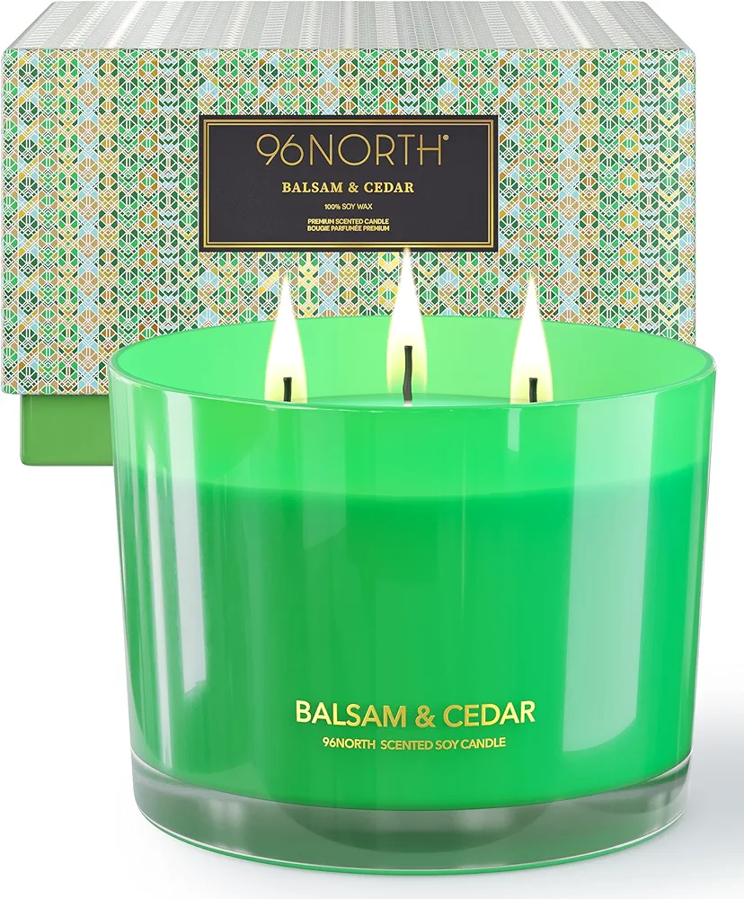 96NORTH Luxury Candle Balsam & Cedar Scented | Large 3-Wick Jar Candle | Up to 40 Hours Burning Time | 100% Natural Soy Wax | Ideal Christmas Candles Gift