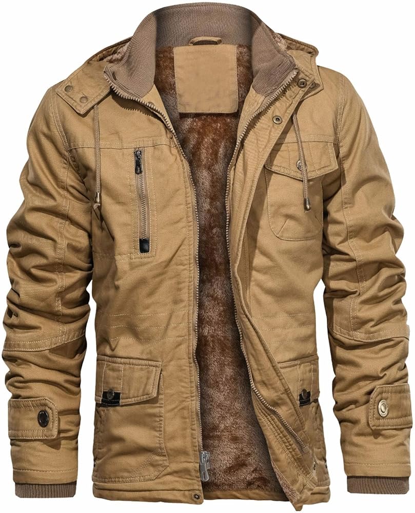 CHEXPEL Men's Thick Winter Jackets with Hood Fleece Lining Cotton Military Jackets Work Jackets with Cargo Pockets Outwear