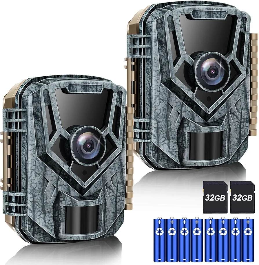 Trail Camera 2 Pack 36 MP 2.7K Game Camera 32GB Memory Card 8 Batteries with 0.2s Trigger Time 120°Wide-Angle Motion Night Vision 2.0" LCD Screen IP66 Waterproof, Wildlife Camera for Monitoring