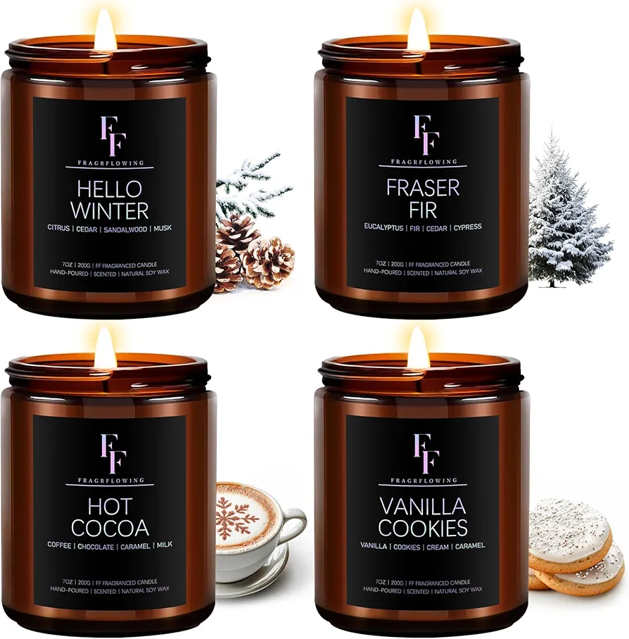 Winter Candles Set, Winter Scented Candles for Home, 4 Pack Holiday Candles Natural Soy Candles, Winter Gifts for Women Men, Winter Fragrance of Hello Winter/Fraser Fir/Hot Cocoa/Vanilla Cookies