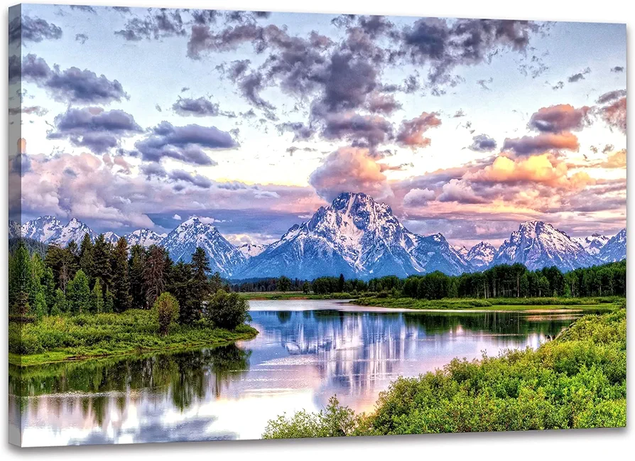 SKASNFAI Mountain Wall Decor Canvas Painting Grand Teton Wall Art Oxbow Bend National Park Landscape Poster Artwork Framed Pictures for Living Room Bedroom (16x24 inch)