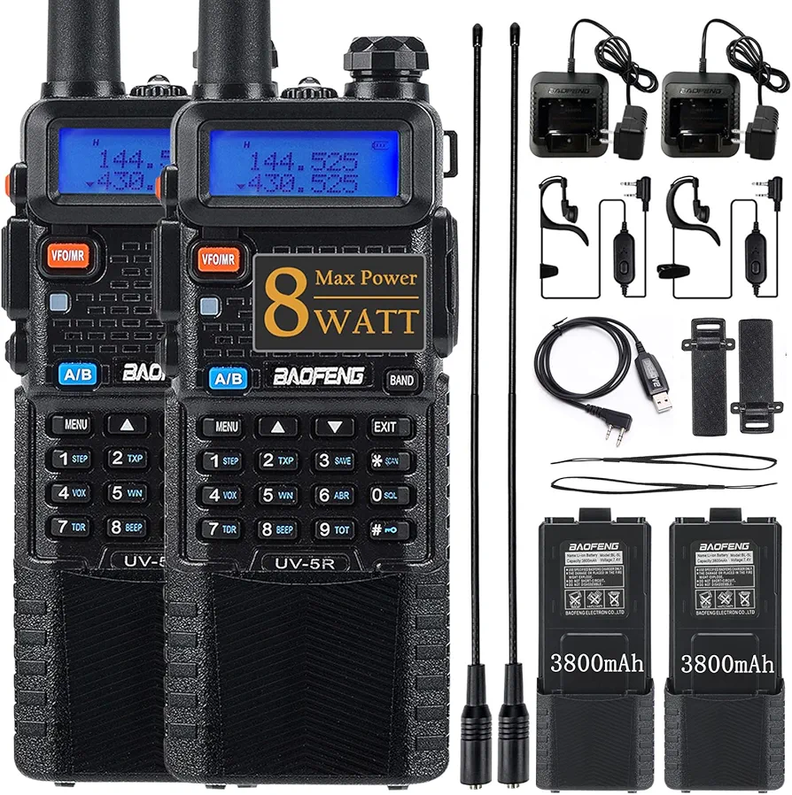 Baofeng UV-5R 8W Ham Radio Long Range Dual Band UV5R Wakie Talkies Rechargeable 3800mAh Battery Handheld Two Way Radio with Earpiece and Programing Cable 2Pack