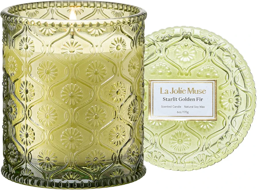 LA JOLIE MUSE Starlit Golden Fir Scented Candle, Christmas Candle Gifts, Fir & Cedarwood Candle, Winter Holiday Candles for Home Scented, Natural Soy Wax Candle, 6 oz 40 Hours Burn