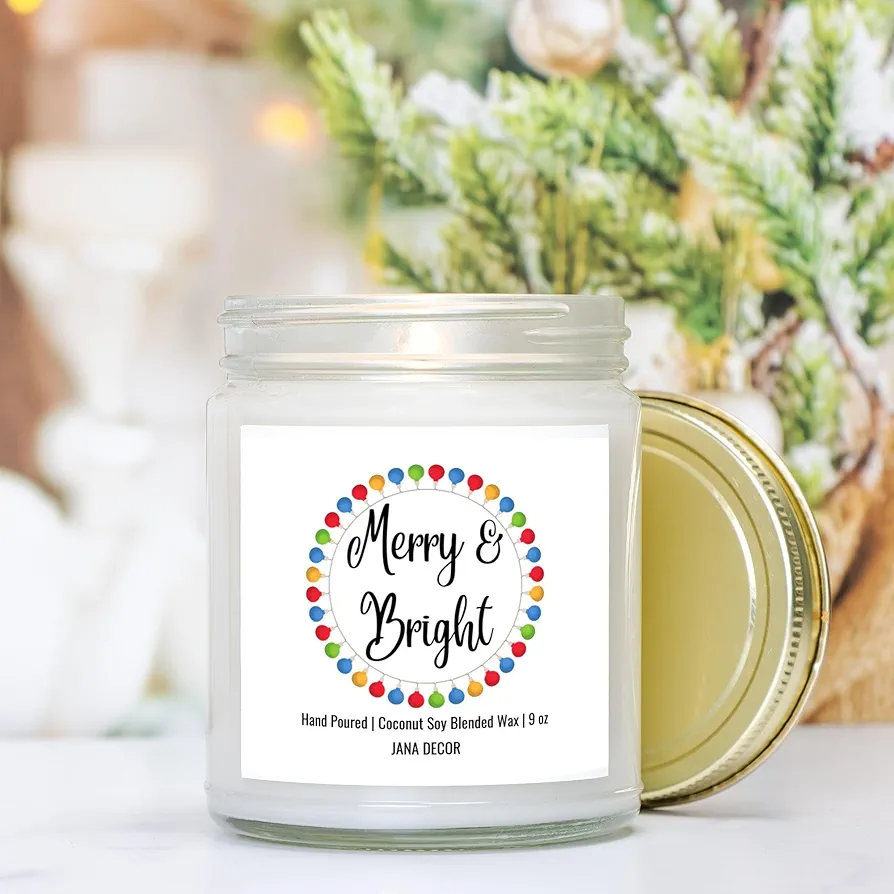 Merry Bright Christmas Candle Holiday Candle Idea for Men Women Winter Candle 9oz Hand Poured Coconut Soy Wax Clear Jar Candle, 9oz Candle, Home Decor Candle