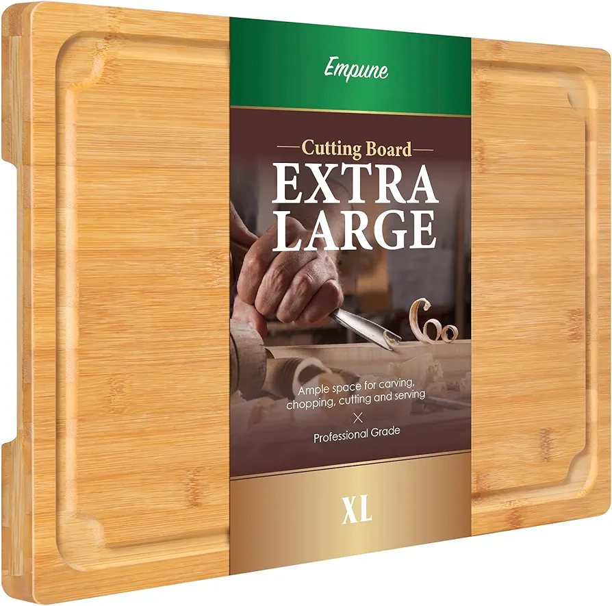 Extra Large Cutting Board, 17.6" Bamboo Cutting Boards for Kitchen with Juice Groove and Handles Kitchen Chopping Board for Meat Cheese board Heavy Duty Serving Tray, XL, Empune