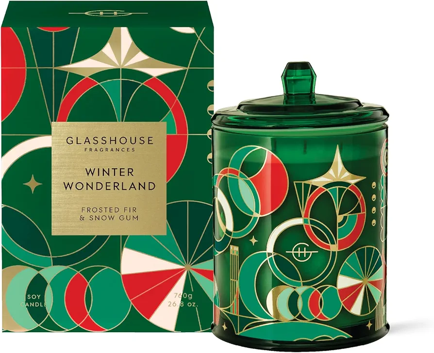 Glasshouse Fragrances Winter Wonderland Candle, Triple Scented Natural Soy Wax Blend, 3 Wicks & Glass Jar, 100 Hour Burn Time, Frosted Fir & Snow Gum, 26.8 oz. (760g)