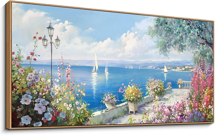 XLSJERST Large Coastal Wall Art - Ocean Seascape Canvas Yellow Green Flowers Painting Landscape Sailboat Picture Artwork Modern Large Framed for Living Room Bedroom Home Office Decor 24x48