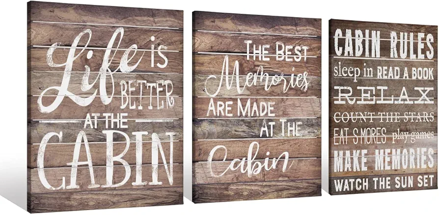 Cabin Rules Life Is Better At The Cabin Canvas Wall Art Prints Artwork Signs Framed for Cabin Front Porch Wall Decor Home Decor,11 X 14 inch Set Of 3,Housewarming Gift,Lake Cabin Canvas Wall Decor