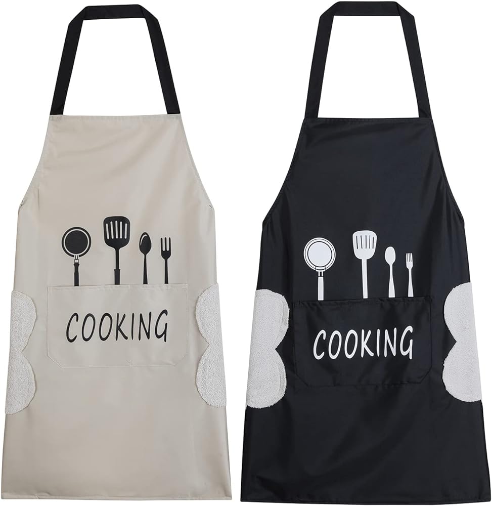 Agirlvct 2 Pack Kitchen Apron with Hand Wipe,Water-drop Resistant with 2 Pockets Cooking Bib Aprons for Women Men Chef