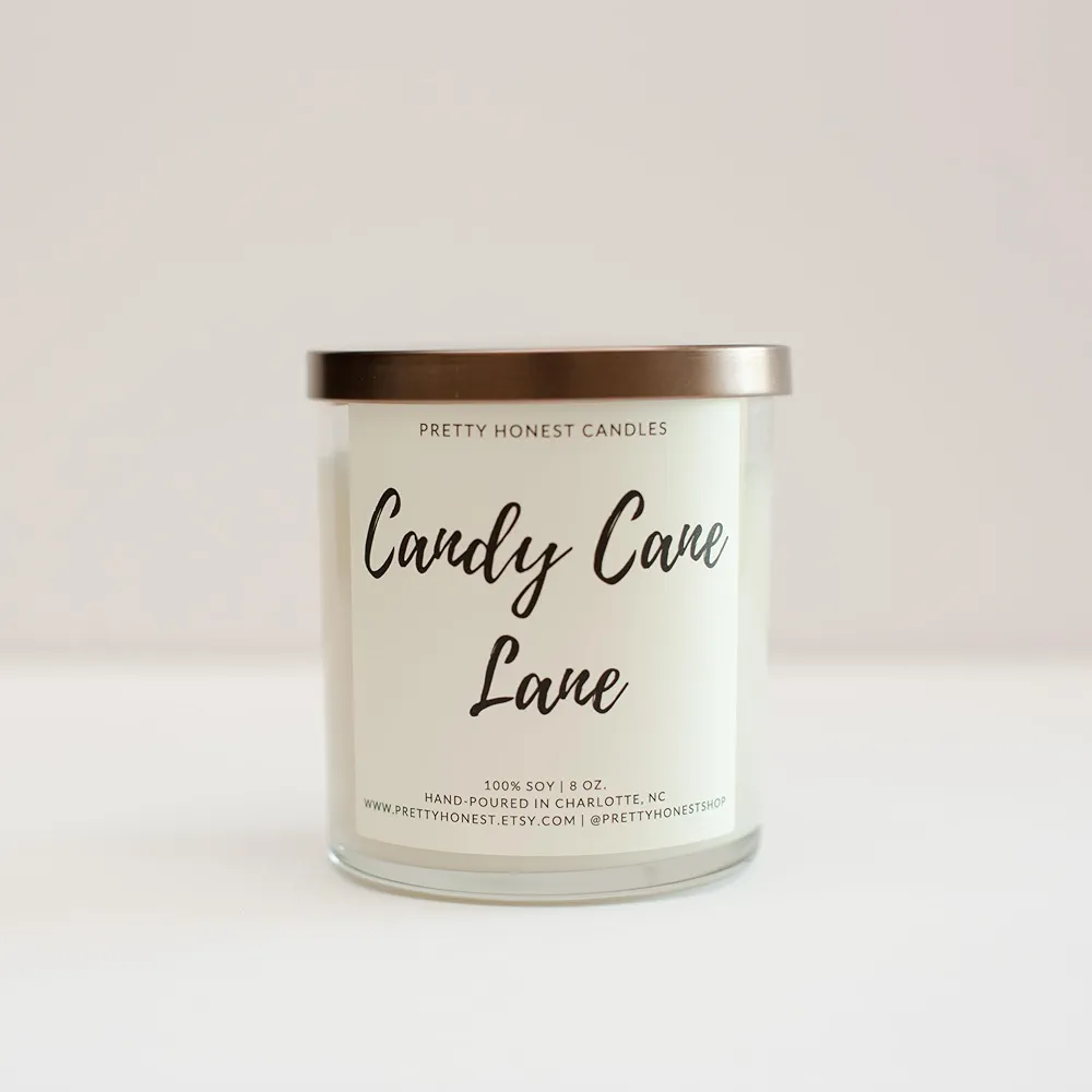 Candy Cane Lane Soy Candle 8oz Clear Jar + Bronze lid, 50+ Hour Burn Time, Made in USA