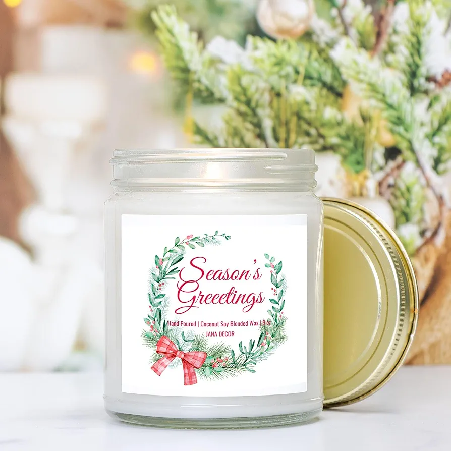 Seasons Greetings Christmas Candle Holiday Candle Idea Winter Candle Holiday Wreath 9oz Hand Poured Coconut Soy Wax Clear Jar Candle, 9oz Candle, Home Decor Candle