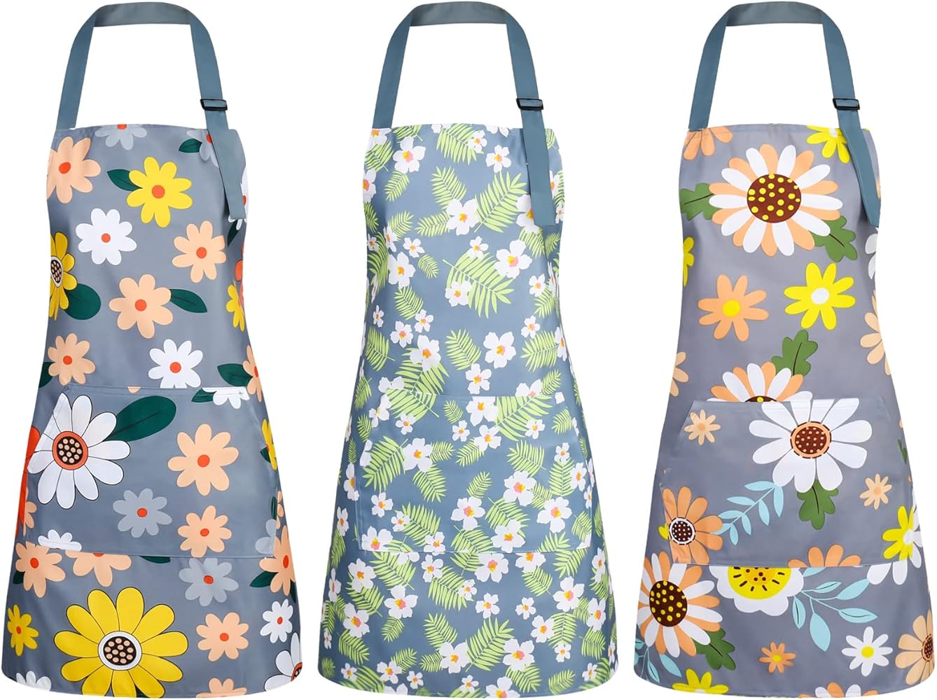 BOUMUSOE 3 Pack Floral Aprons with Pocket, Blooming Womens Aprons Waterproof Adjustable Cooking Aprons for Kitchen Gardening and Salon