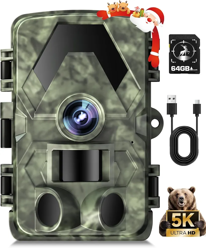 Trail Camera, 5K 60MP Game Camera with No Glow Night Vision, 150°Wide-Angle, 0.05s Trigger Speed Motion Activated IP66 Waterproof for Wildlife Scouting, Home Security