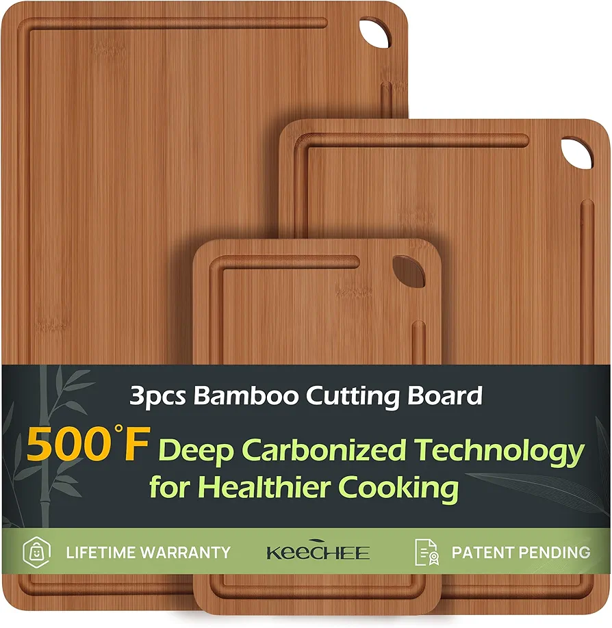 Bamboo Cutting Board, Durable Wood Cutting Boards for Kitchen with Deep Juice Grooves & Built-in Handles, Ideal Charcuterie & Chopping for Meat, Vegetables and Fruits Ideas Kitchen Gift for Home Cooks