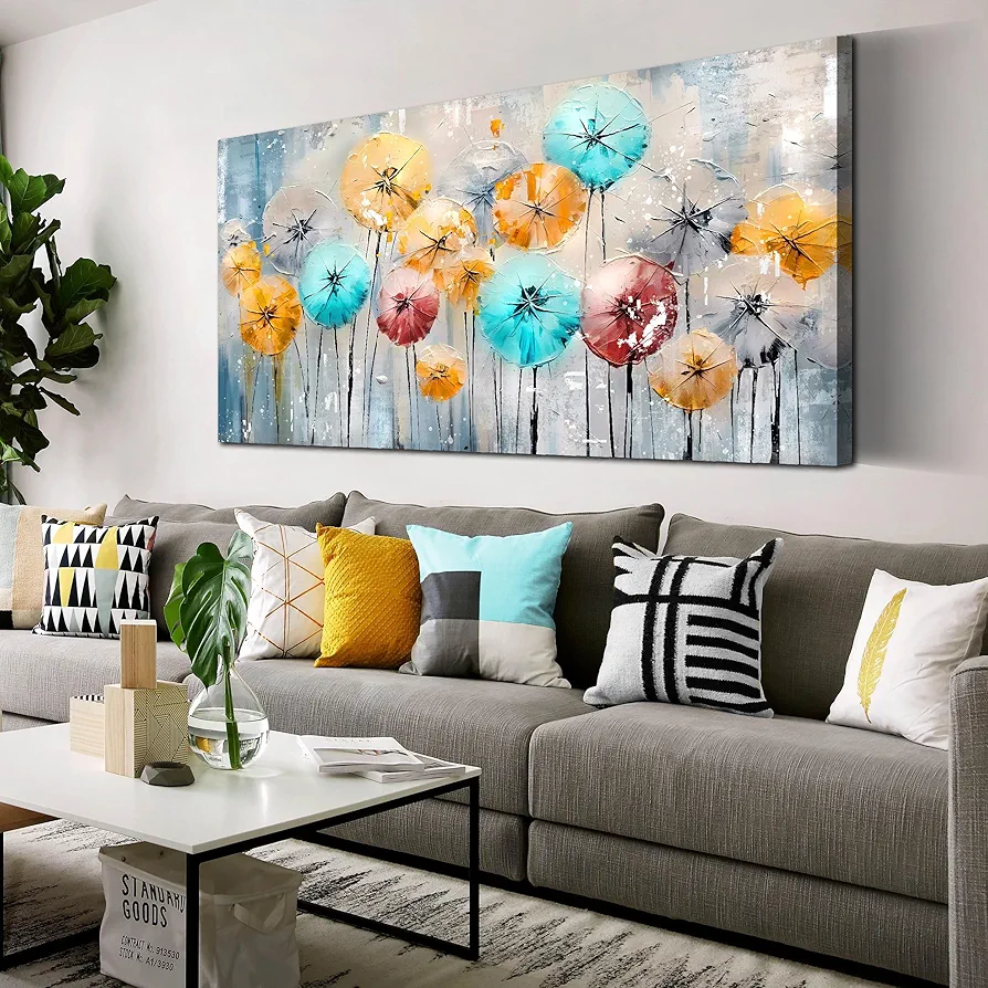 ENTANUB Flower Wall Art for Living Room, Dandelion Canvas Wall Decor for Bedroom, Colorful Abstract Print Painting Picture, Large Size 48x24 Inches